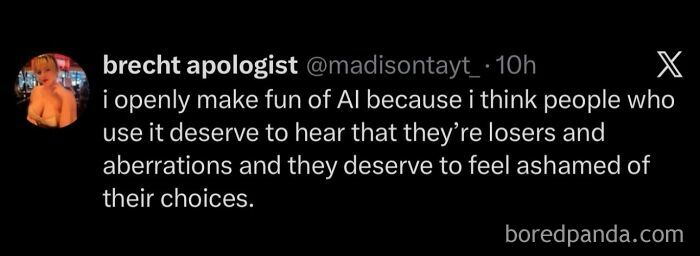 A tweet from 'brecht apologist' expressing their dislike for AI users. Hilarious memes to scroll.