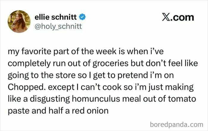 A funny tweet about making a disgusting meal while procrastinating because groceries ran out. Hilarious memes.
