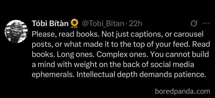 A screenshot of a tweet by Tobi Bitan urging people to read books, offering humorous memes for procrastinating.