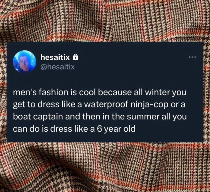 A tweet from @hesaitix about men's fashion in winter versus summer, an example of funny memes.