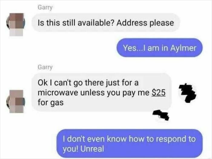 A text conversation showing an outrageous request for gas money to pick up a microwave.