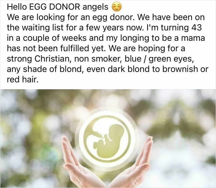 A request from an individual seeking an egg donor, illustrating an outrageous request concerning money.