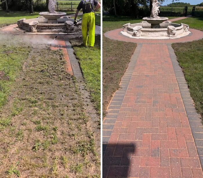 A person power washing a muddy brick pathway, creating a clean and satisfying path.