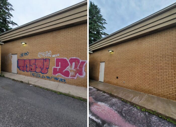 Power washing graffiti from a brick wall, showcasing a satisfying clean removal of spray paint.