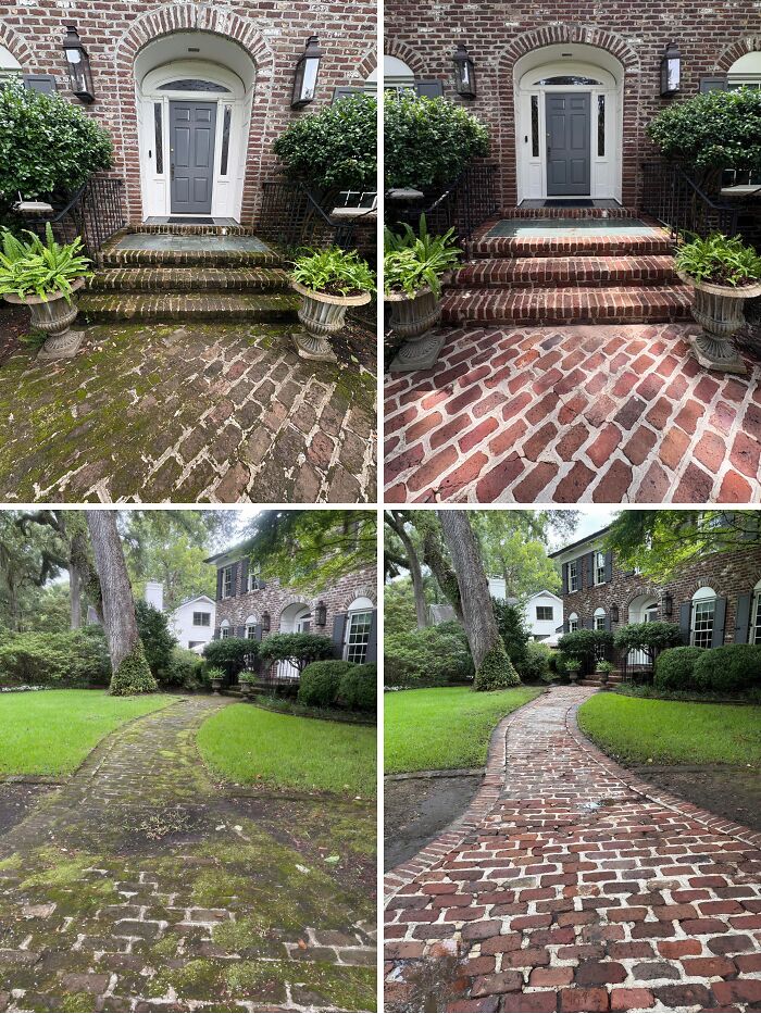 Satisfying power washing of a brick entryway and pathway, revealing clean surfaces and enhanced curb appeal.