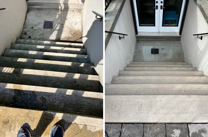 A split image displays concrete stairs, one side covered in dirt and debris, the other sparkling clean after power washing, demonstrating a satisfying transformation.