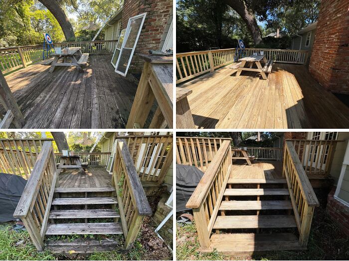 Satisfying power washing transformation of a dirty wooden deck and stairs to clean and bright.