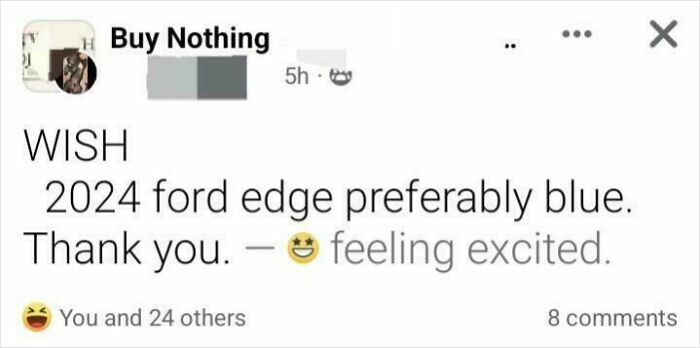 A social media post making an outrageous request for a free 2024 blue Ford Edge.
