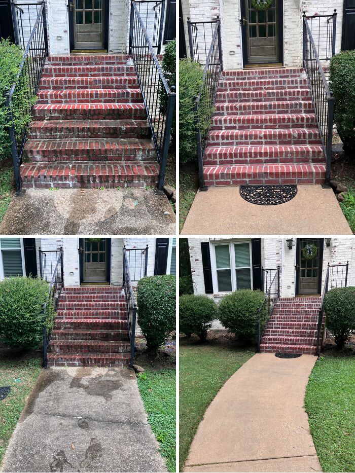 A split image showing the satisfying power washing of brick stairs and a walkway, transforming a dirty entrance.