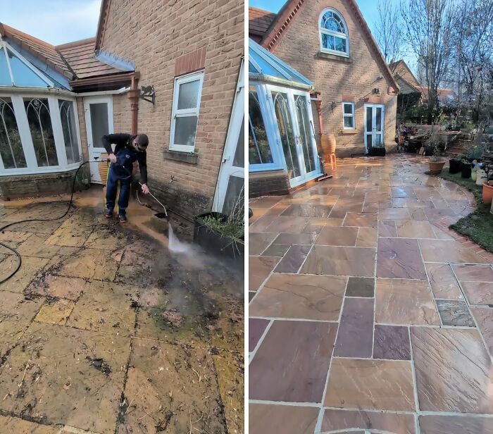 A person power washing a stone patio, transforming a dirty surface into a clean, inviting outdoor space.