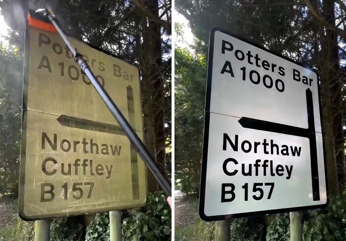 A split image showing the satisfying power washing of a dirty road sign on the left, revealing a clean, legible sign on the right. Main keyword: power washing.