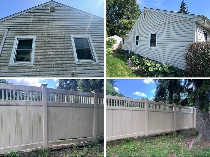 A four-panel image showcasing the dramatic before and after results of power washing a house exterior and a fence, highlighting their renewed cleanliness.