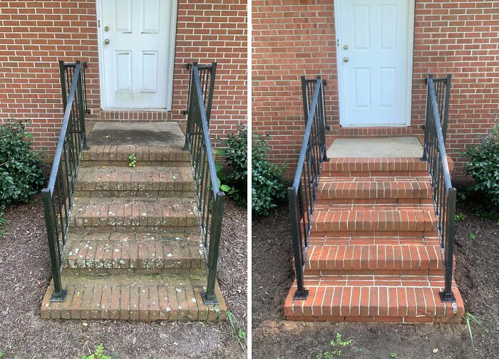 Satisfying power washing of dirty brick steps and railings, making them look new and clean.
