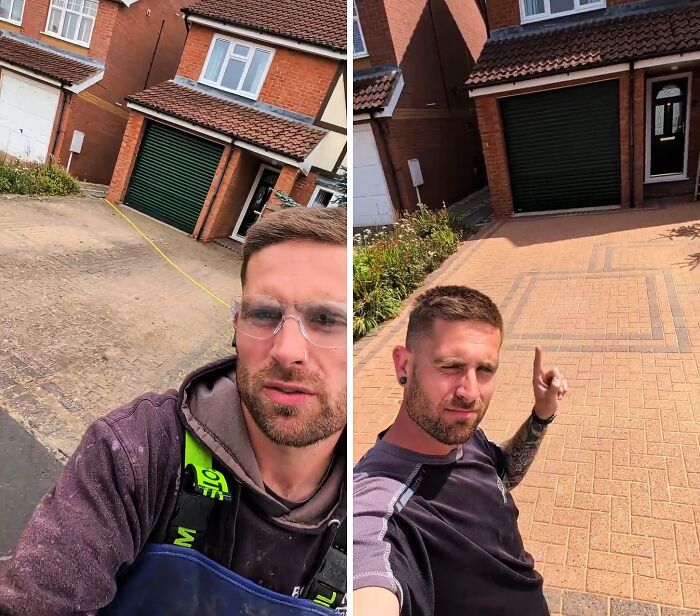A man poses with a clean, freshly power washed brick driveway, showing the satisfying transformation of the surface.