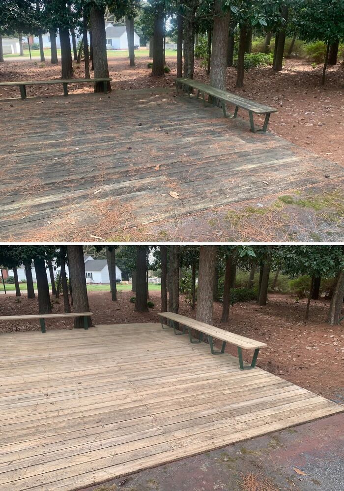 Before and after images of a wooden deck being cleaned with power washing, revealing its original light color.