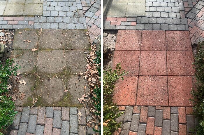 A before and after image showing a dirty patio pathway transformed by power washing, making cleaning look fun.