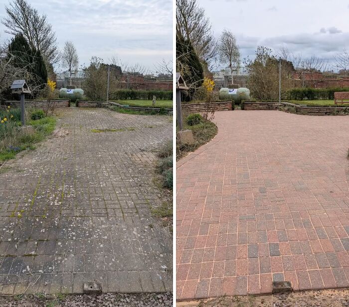 Satisfying power washing of a brick patio, removing moss and dirt, making cleaning look fun.