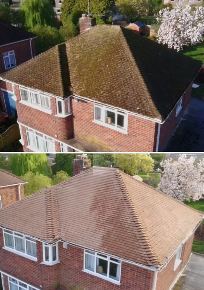 Power washing a residential roof, showing the satisfying before and after of cleaning.