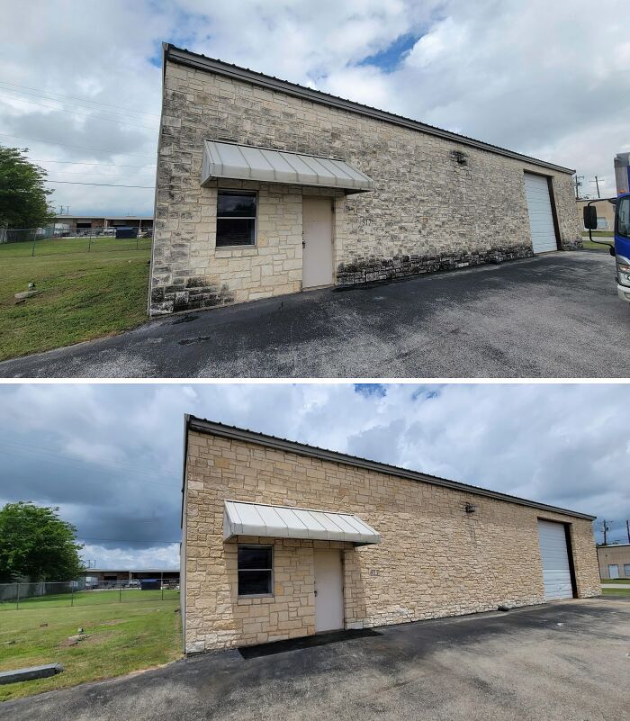 Before and after images of a building exterior, showcasing the dramatic transformation achieved by power washing dirty walls, making cleaning look fun.
