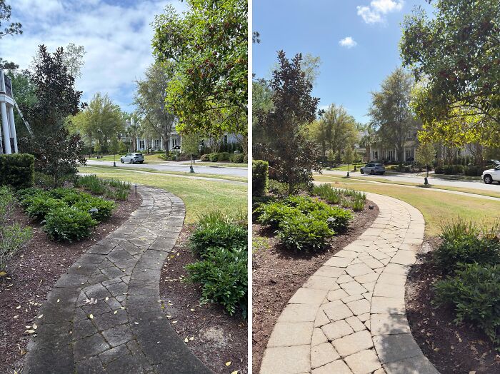 A before-and-after of a power washing project, showing a clean, bright path and surrounding landscape.