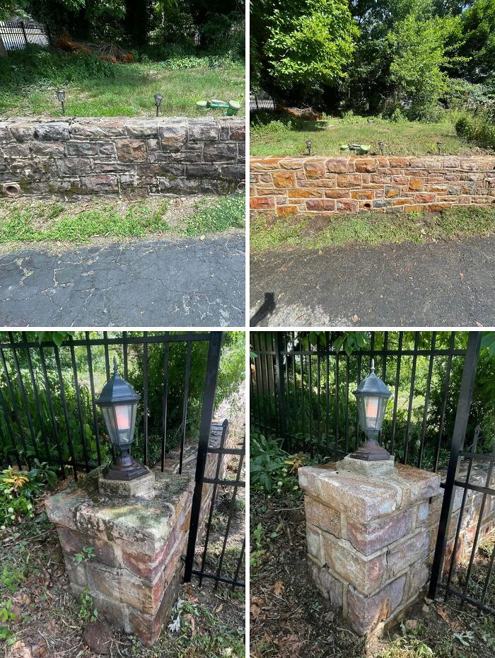 Power washing transformations of a stone wall and a stone pillar with a lantern, highlighting the cleaning power.