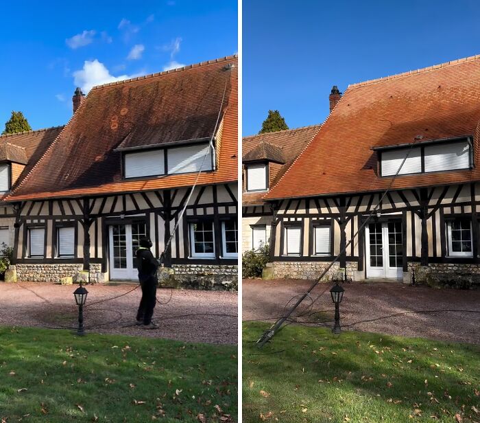 Power washing a dirty roof, restoring it to a clean and vibrant appearance on a sunny day.
