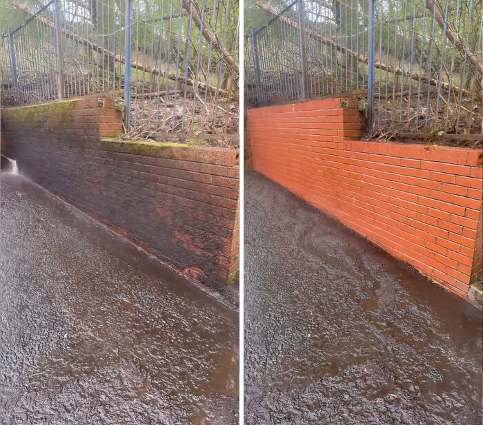 Satisfying power washing of a brick wall and sidewalk, showing a clear before and after transformation.