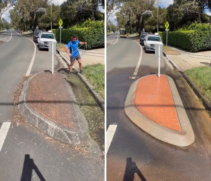 A split image shows a man power washing a dirty brick island on a road, transforming it into a clean, new-looking surface.