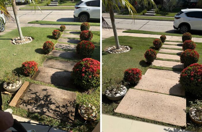 A before-and-after image showing the satisfying power washing of concrete stepping stones in a garden.
