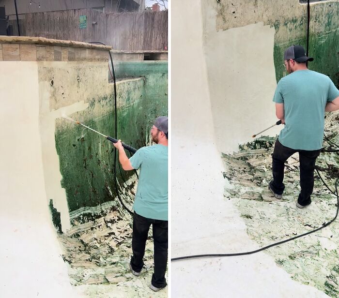 A person power washing a very dirty, algae-filled swimming pool, demonstrating satisfying cleaning and a fun task.