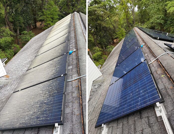 Solar panels on a roof before and after power washing, highlighting the satisfying transformation and effective cleaning.