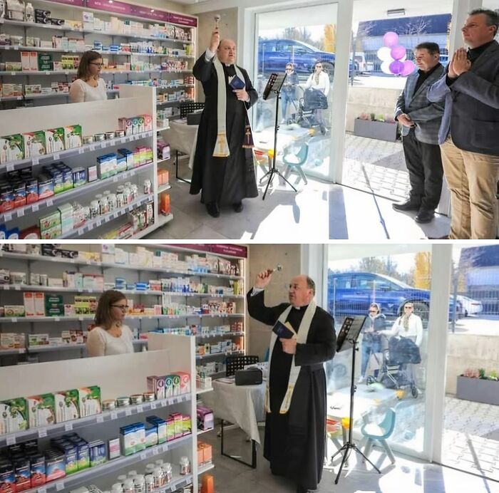 A priest blessing a pharmacy in Eastern Europe, with people watching, highlighting why people are built different.