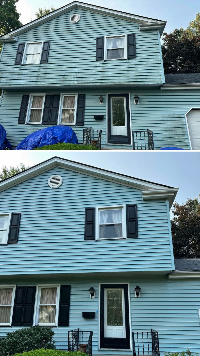 Before and after power washing a light blue house exterior, showing significant cleaning of the siding.