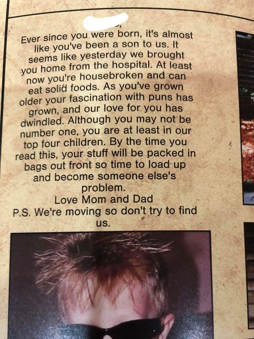 A yearbook page with a sarcastic letter from parents, a funny unfortunate regret or fail.