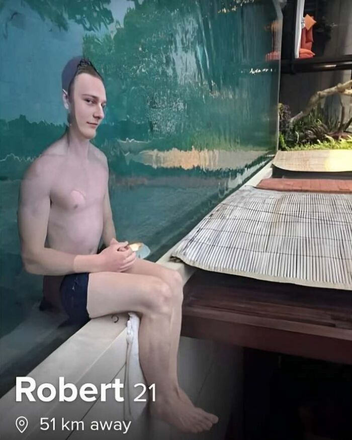 Eastern Europe men built different, a Tinder profile for Robert, 21, posing in a pool.