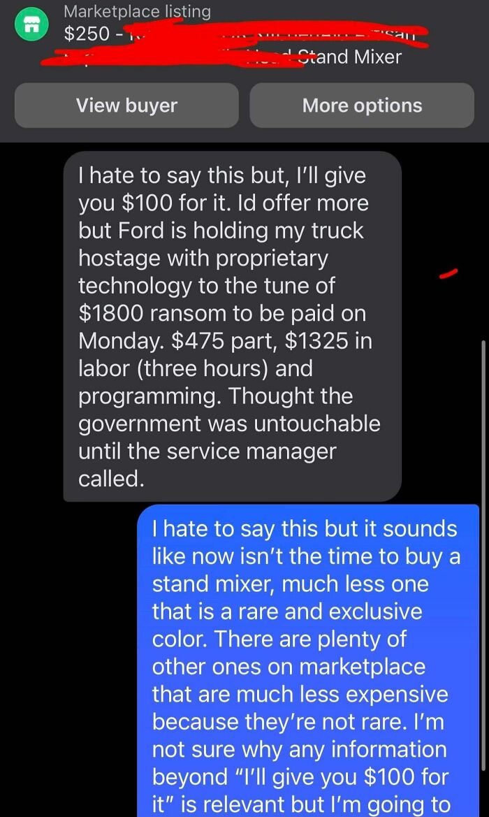 A text message conversation about an outrageous request to pay only $100 for a stand mixer due to financial issues.