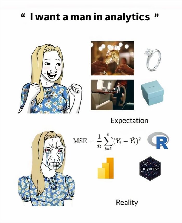 A statistics meme contrasts the expectation of a man in analytics with the reality of complex statistical formulas and software.