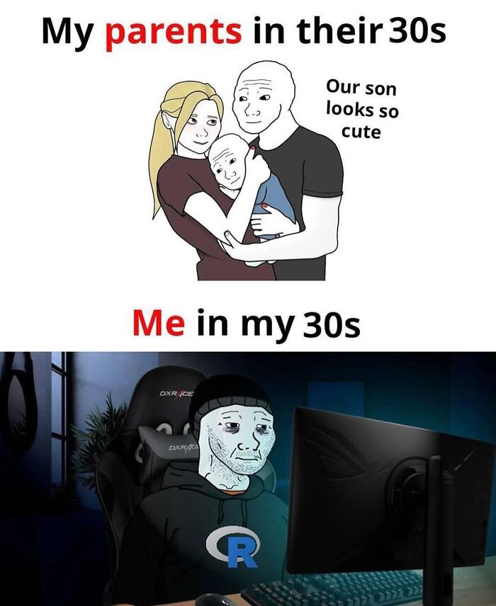 A statistics meme comparing parents in their 30s with a happy baby and a son in his 30s looking tired at a computer.