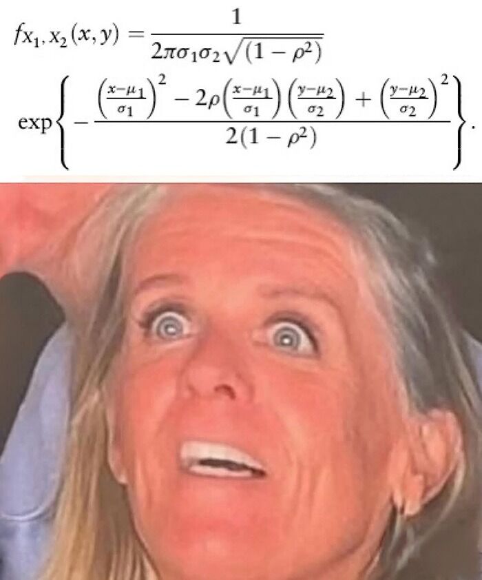 A woman looking shocked while a complex statistics formula is displayed above her, perfect for stats class memes.