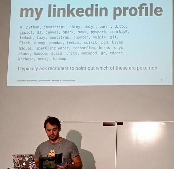 A statistics meme showing a lengthy LinkedIn profile listing many programming languages and a presenter.
