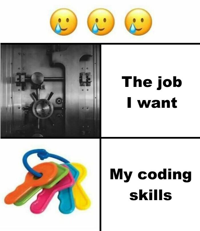 A statistics meme comparing a desired job to a bank vault and coding skills to colorful toy keys, with crying emojis.