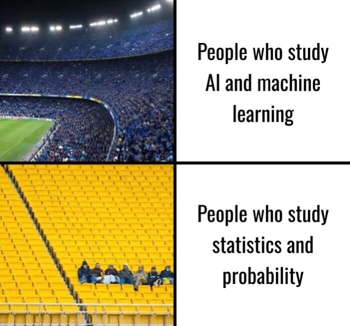 A statistics meme showing a full stadium for AI/machine learning and a few people in yellow seats for statistics/probability.