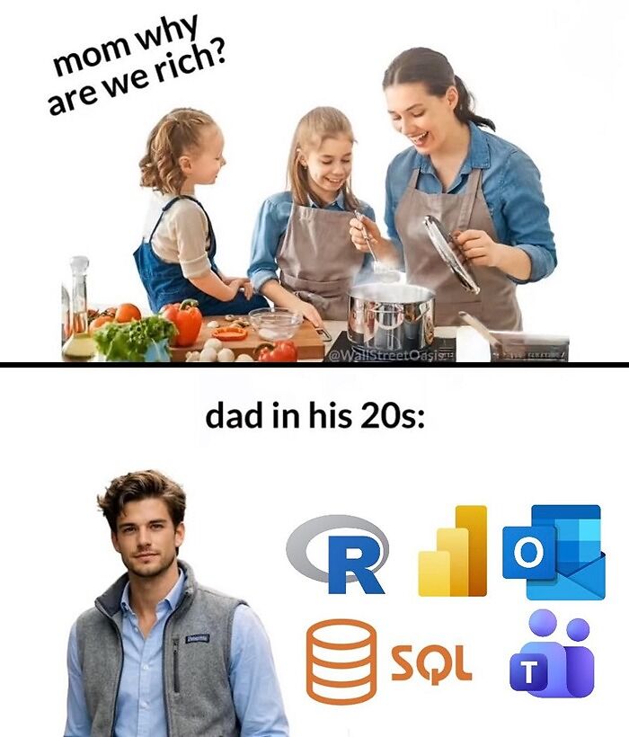 A statistics meme with a family cooking above and a dad in his 20s with various statistical software logos below.