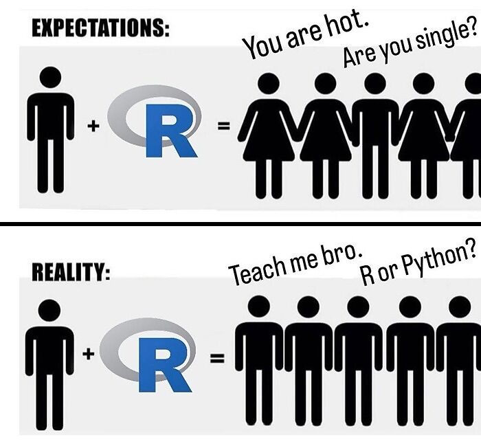 A statistics meme about expectations versus reality for a programmer using R, humorously depicting the desire for dates versus being asked about coding.
