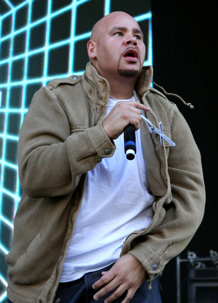 Fat Joe performing live, holding a microphone, with a glow of blue lights in the background. Bio and Career Highlights.