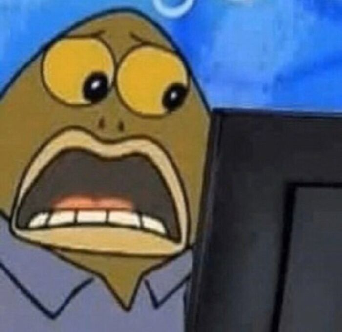 A shocked cartoon fish character with wide eyes and open mouth, representing someone finding out their soulmate is cheating.