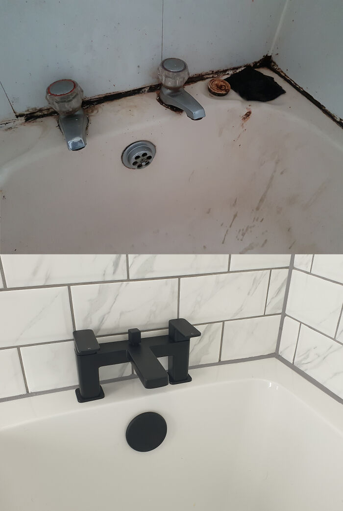 Before and after an amazing home renovation of a bathtub, showing new black modern faucets against white subway tiles.