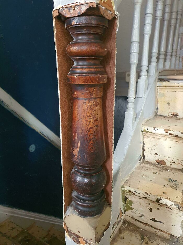 Before and after shot of a wooden banister during home renovations, showing the effort people put into their homes.