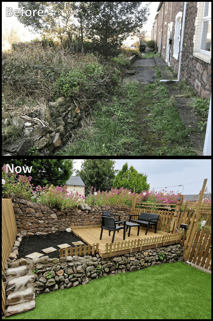 A before and after image showing a dramatic backyard home renovation, creating an amazing outdoor living area with a deck and garden.