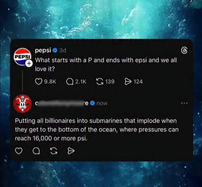 A screenshot of a tweet with a Pepsi riddle, A random joke answers with a humorous and dark suggestion for billionaires.
